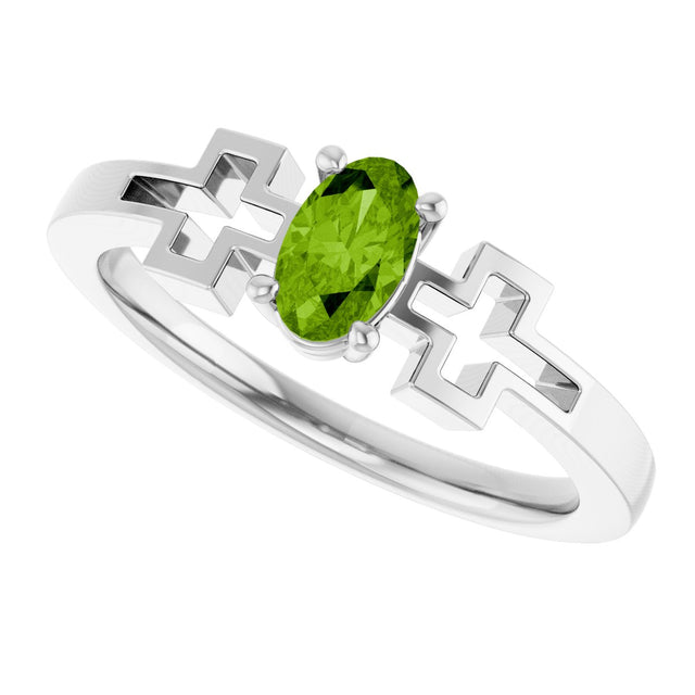 Platinum Oval Natural Peridot Youth Cross Ring - view 5