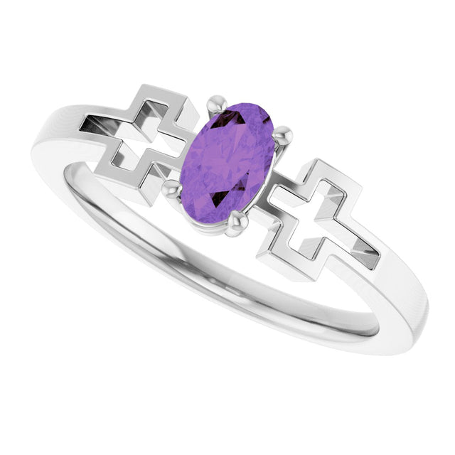 14K Gold Oval Natural Amethyst Youth Cross Ring - White Gold - view 5