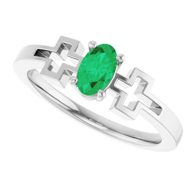 14K Gold Oval Natural Emerald Youth Cross Ring - White Gold - view 5