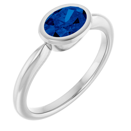 10K Gold Oval Lab-Grown Blue Sapphire Bezel-Set Solitaire Ring - White Gold