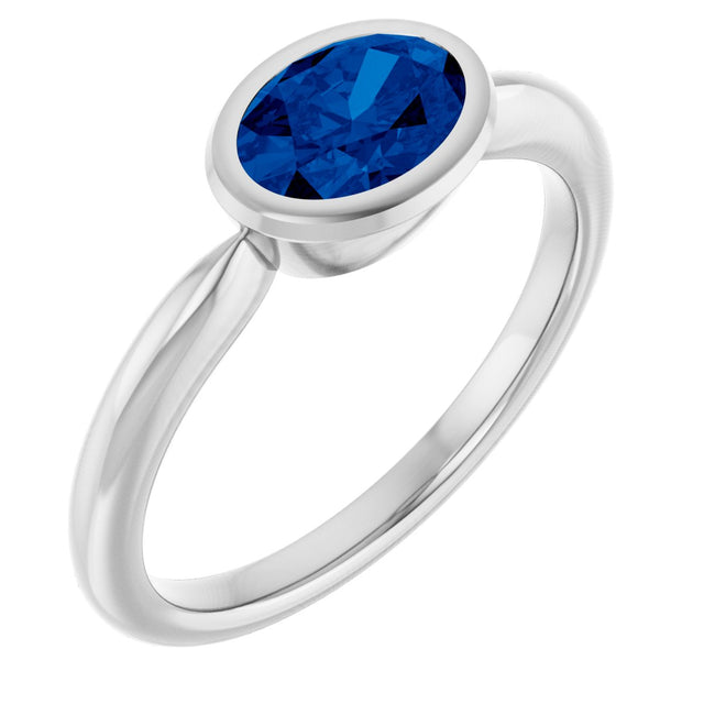 10K Gold Oval Lab-Grown Blue Sapphire Bezel-Set Solitaire Ring - White Gold