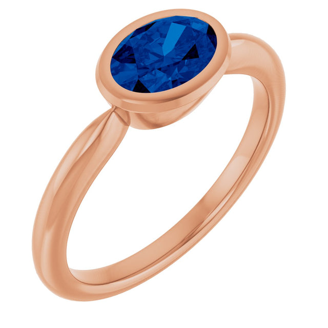 14K Gold Oval Lab-Grown Blue Sapphire Bezel-Set Solitaire Ring - Rose Gold