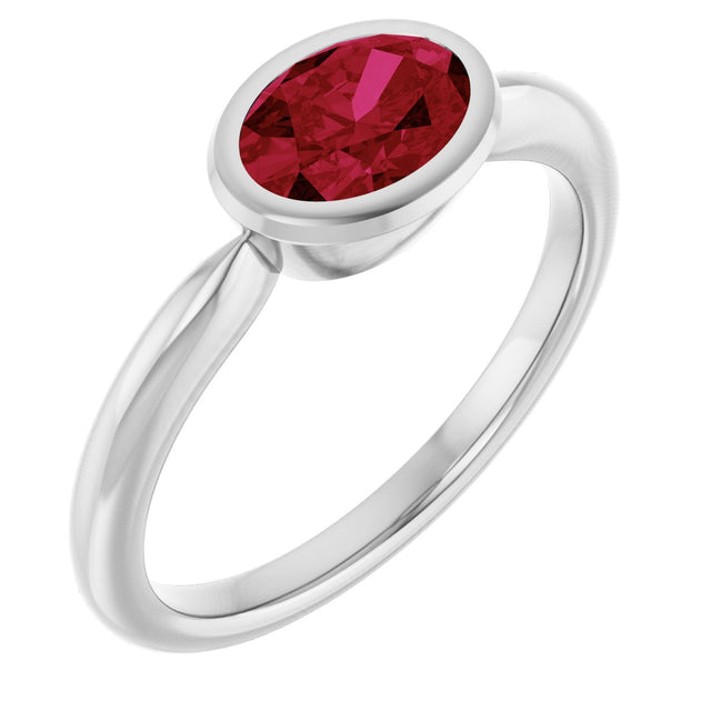 10K Gold Oval Lab-Grown Ruby Bezel-Set Solitaire Ring - White Gold