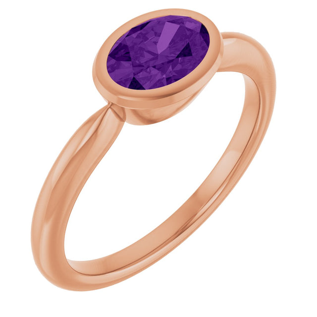 14K Gold Oval Natural Amethyst Bezel-Set Solitaire Ring - Rose Gold