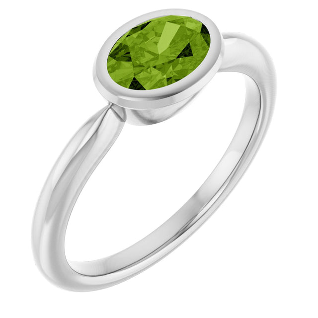 10K Gold Oval Natural Peridot Bezel-Set Solitaire Ring - White Gold