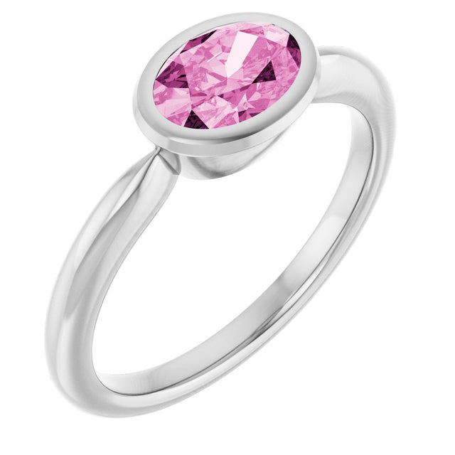 14K Gold Oval Lab-Grown Pink Sapphire Bezel-Set Solitaire Ring - White Gold