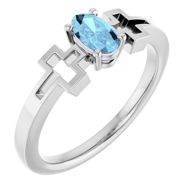Platinum Oval Natural Aquamarine Youth Cross Ring
