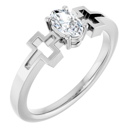 14K Gold Oval Natural White Sapphire Youth Cross Ring - White Gold