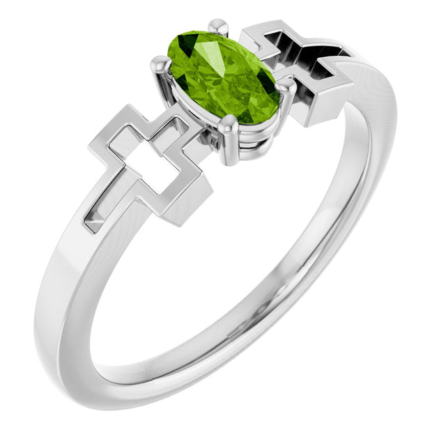 Platinum Oval Natural Peridot Youth Cross Ring