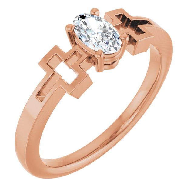 14K Gold Oval Natural White Sapphire Youth Cross Ring - Rose Gold