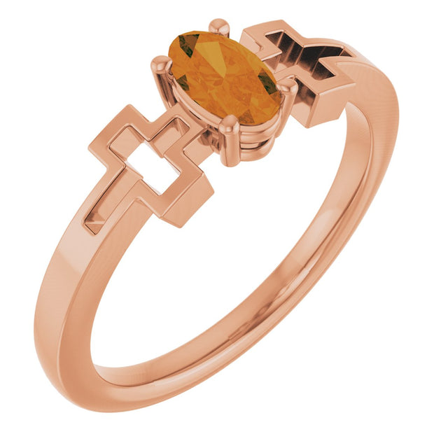 14K Gold Oval Natural Citrine Youth Cross Ring - Rose Gold