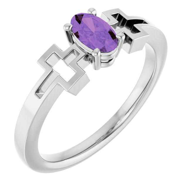Platinum Oval Natural Amethyst Youth Cross Ring