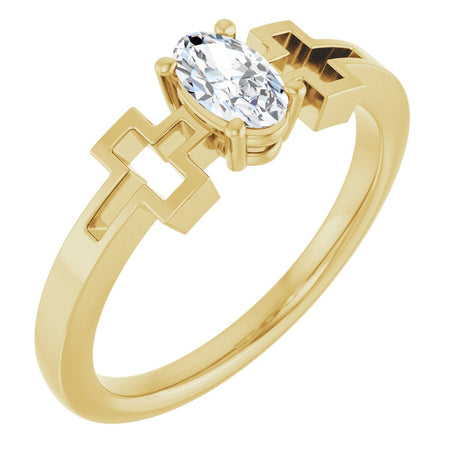 14K Gold Oval Natural White Sapphire Youth Cross Ring - Yellow Gold