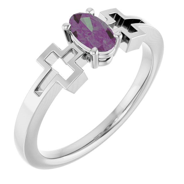 14K Gold Oval Lab-Grown Alexandrite Youth Cross Ring - White Gold