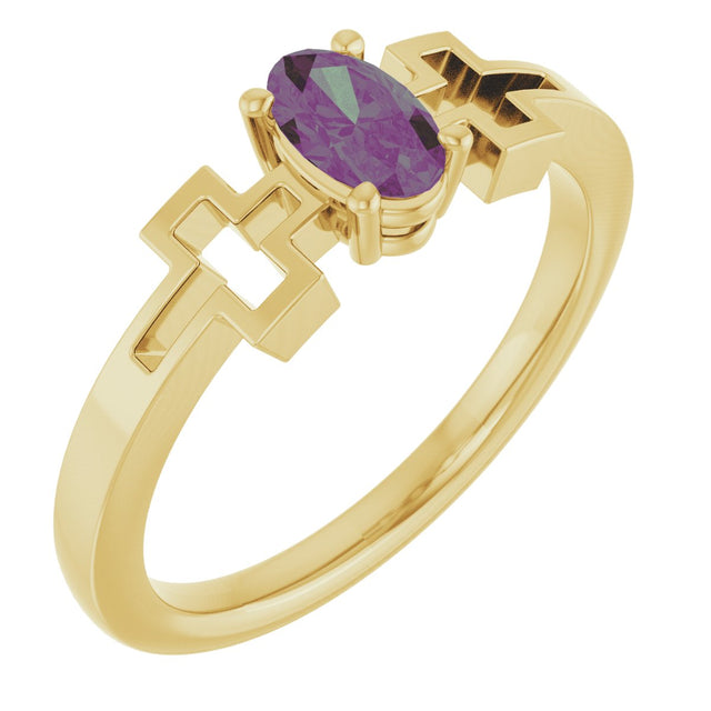 14K Gold Oval Lab-Grown Alexandrite Youth Cross Ring - Yellow Gold