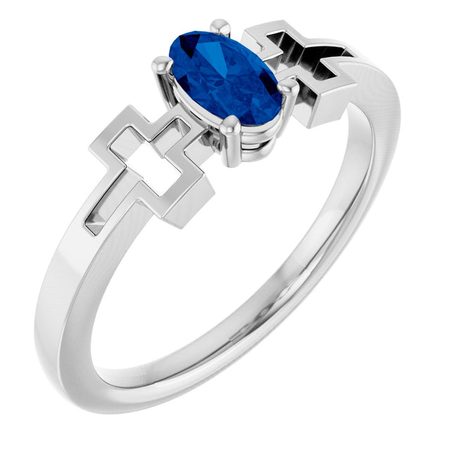 14K Gold Oval Natural Blue Sapphire Youth Cross Ring - White Gold