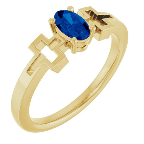14K Gold Oval Natural Blue Sapphire Youth Cross Ring - Yellow Gold