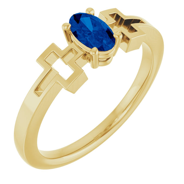 14K Gold Oval Natural Blue Sapphire Youth Cross Ring - Yellow Gold