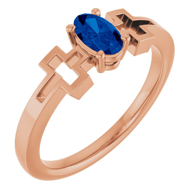 14K Gold Oval Lab-Grown Blue Sapphire Youth Cross Ring - Rose Gold