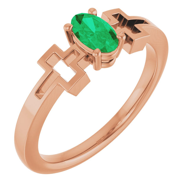 14K Gold Oval Natural Emerald Youth Cross Ring - Rose Gold