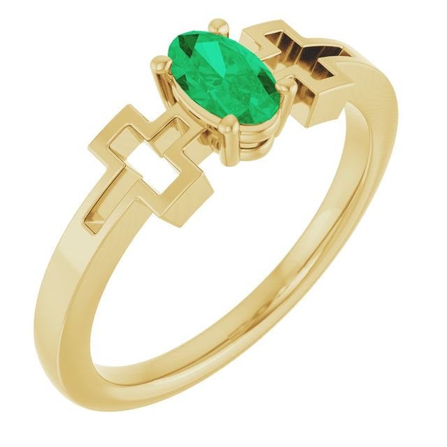14K Gold Oval Natural Emerald Youth Cross Ring - Yellow Gold