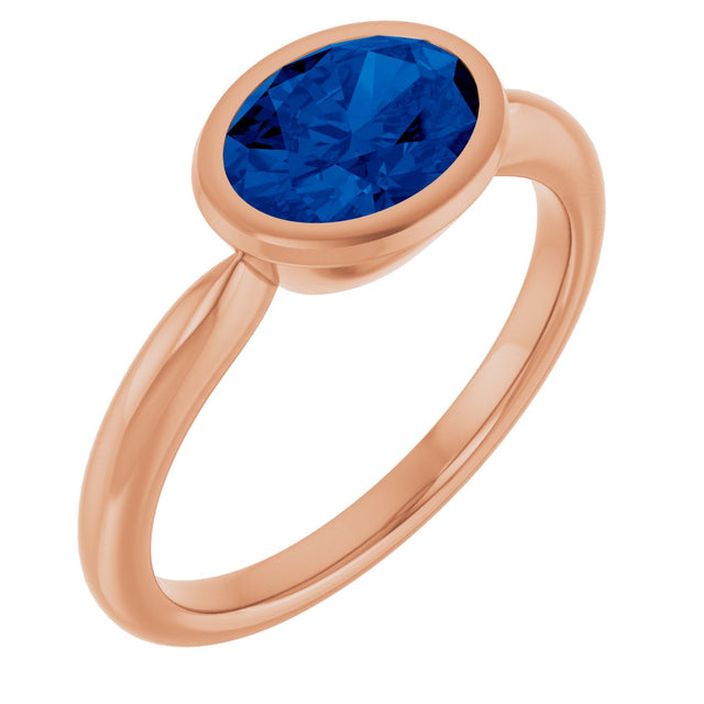14K Gold Oval Lab-Grown Blue Sapphire Bezel-Set Solitaire Ring - Rose Gold
