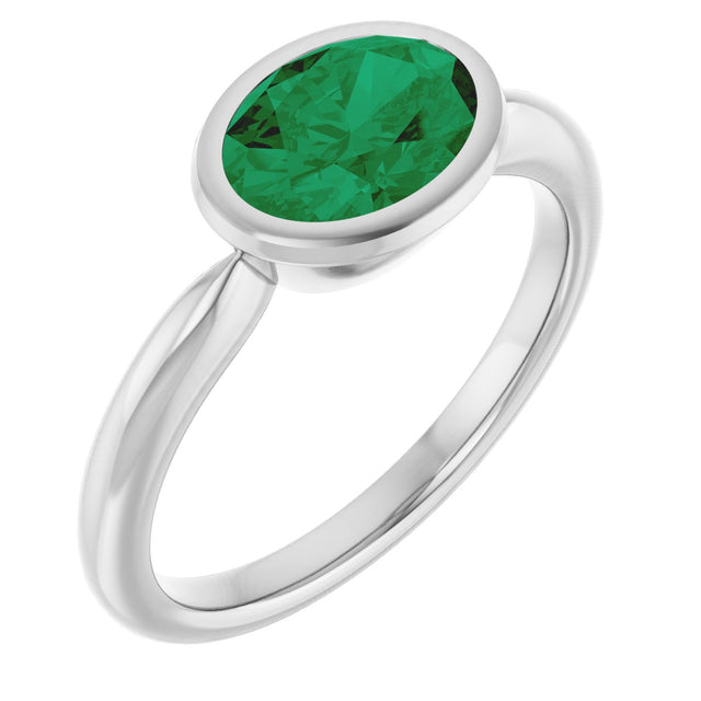 10K Gold Oval Lab-Grown Emerald Bezel-Set Solitaire Ring - White Gold