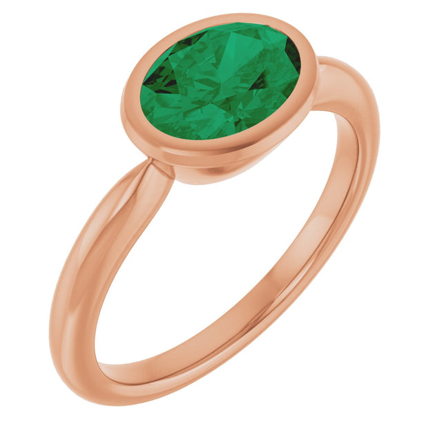14K Gold Oval Lab-Grown Emerald Bezel-Set Solitaire Ring - Rose Gold