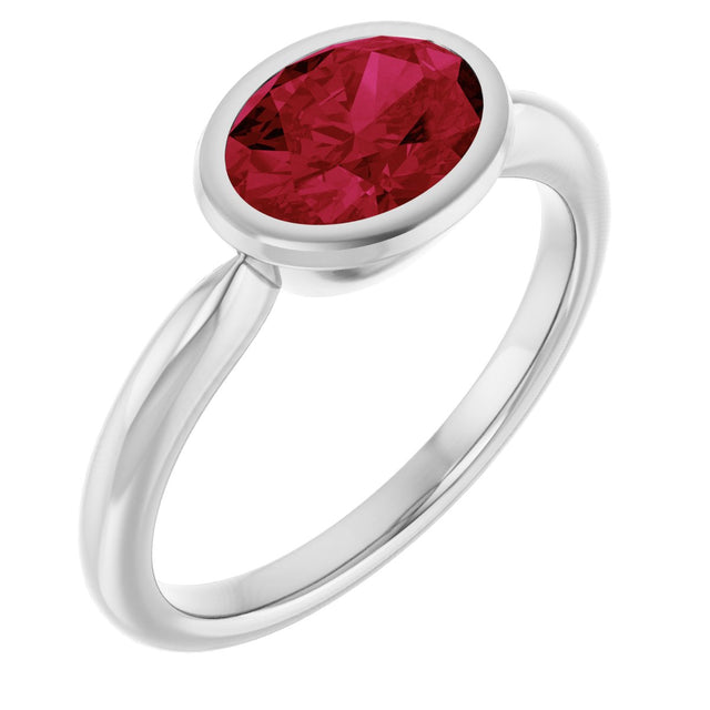 10K Gold Oval Lab-Grown Ruby Bezel-Set Solitaire Ring - White Gold