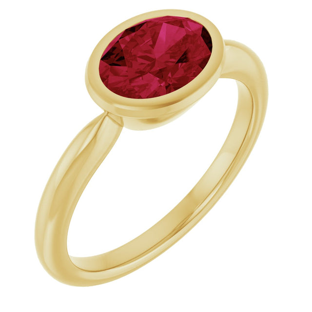 10K Gold Oval Lab-Grown Ruby Bezel-Set Solitaire Ring - Yellow Gold
