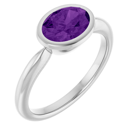 10K Gold Oval Natural Amethyst Bezel-Set Solitaire Ring - White Gold