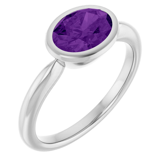 10K Gold Oval Natural Amethyst Bezel-Set Solitaire Ring - White Gold