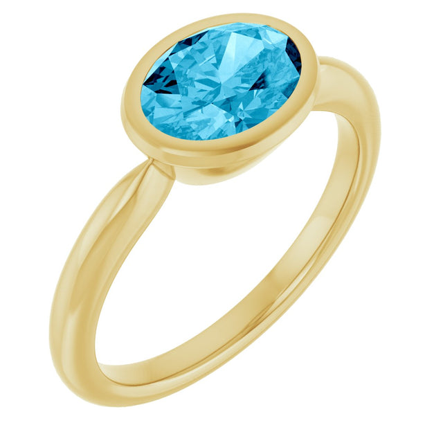 10K Gold Oval Natural Aquamarine Bezel-Set Solitaire Ring - Yellow Gold