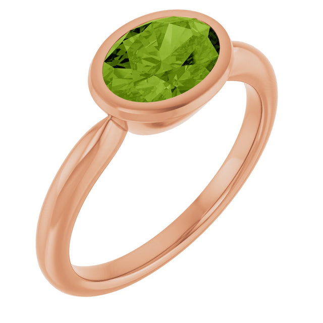 14K Gold Oval Natural Peridot Bezel-Set Solitaire Ring - Rose Gold