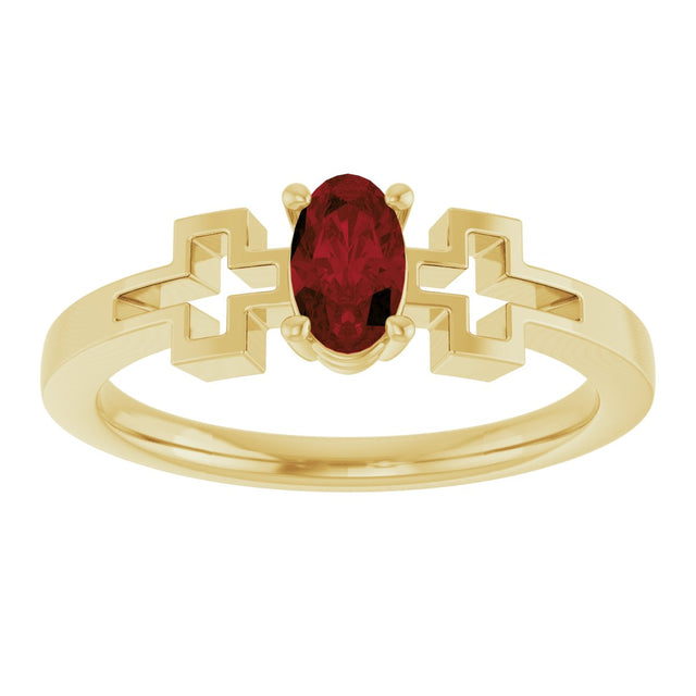 14K Gold Oval Natural Mozambique Garnet Youth Cross Ring - Yellow Gold - view 3