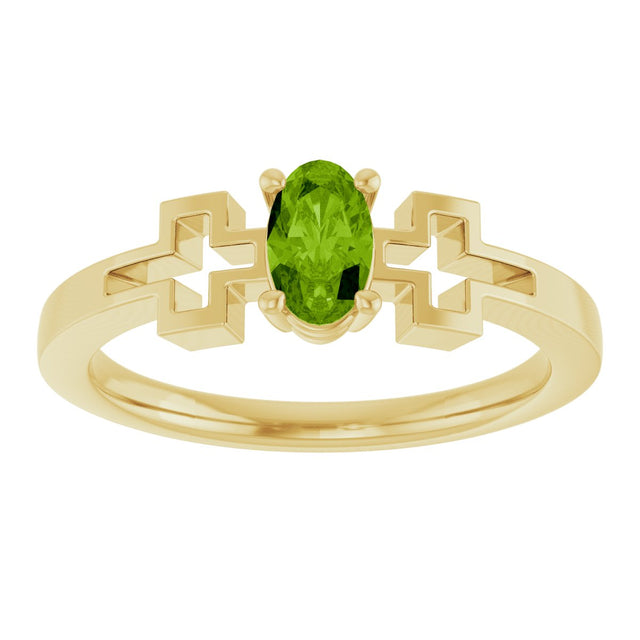 14K Gold Oval Natural Peridot Youth Cross Ring - Yellow Gold - view 3