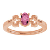 14K Gold Oval Natural Pink Tourmaline Youth Cross Ring - Rose Gold - view 3