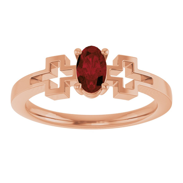 14K Gold Oval Natural Mozambique Garnet Youth Cross Ring - Rose Gold - view 3
