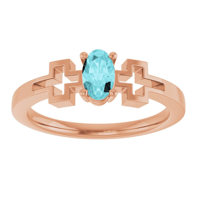 14K Gold Oval Natural Blue Zircon Youth Cross Ring - Rose Gold - view 3