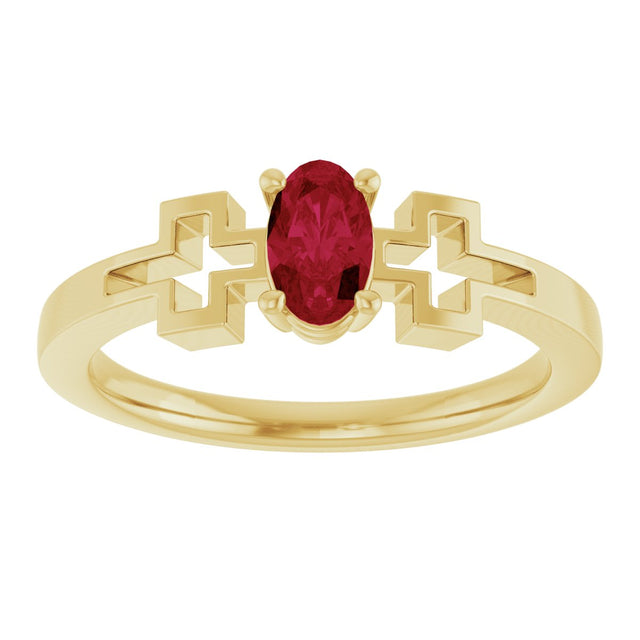 14K Gold Oval Natural Ruby Youth Cross Ring - Yellow Gold - view 3