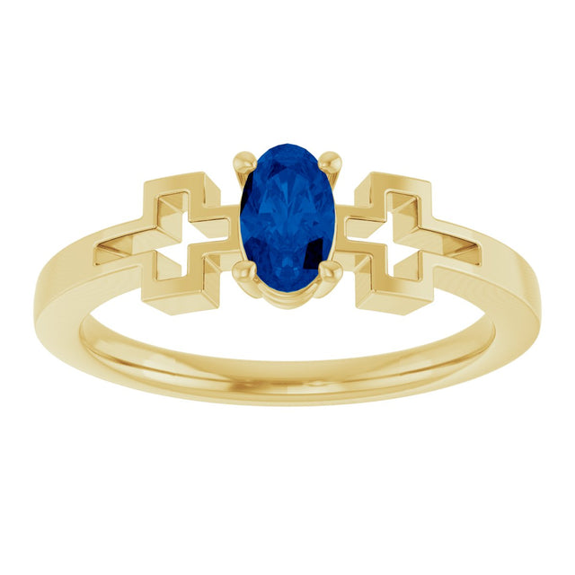 14K Gold Oval Natural Blue Sapphire Youth Cross Ring - Yellow Gold - view 3