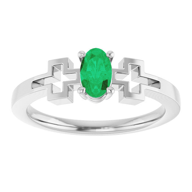 14K Gold Oval Lab-Grown Emerald Youth Cross Ring - White Gold - view 3