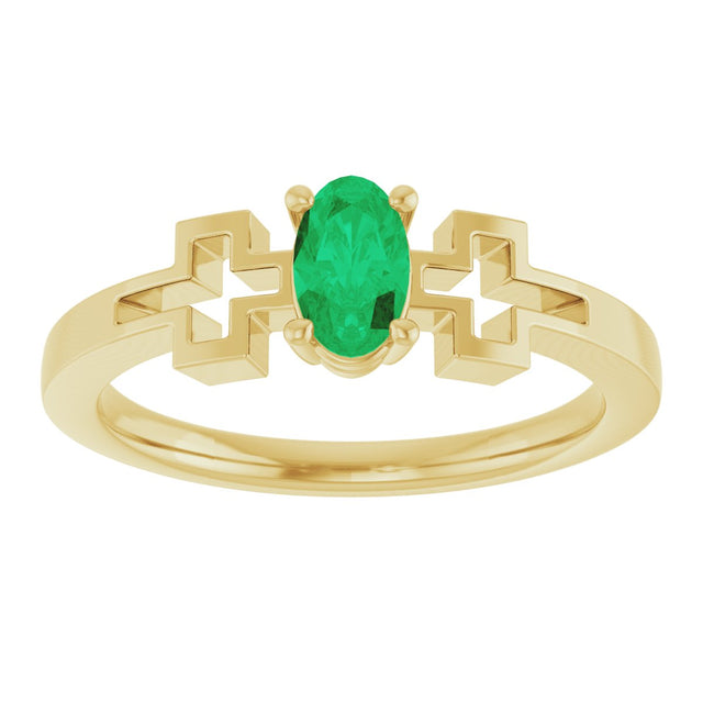 14K Gold Oval Natural Emerald Youth Cross Ring - Yellow Gold - view 3