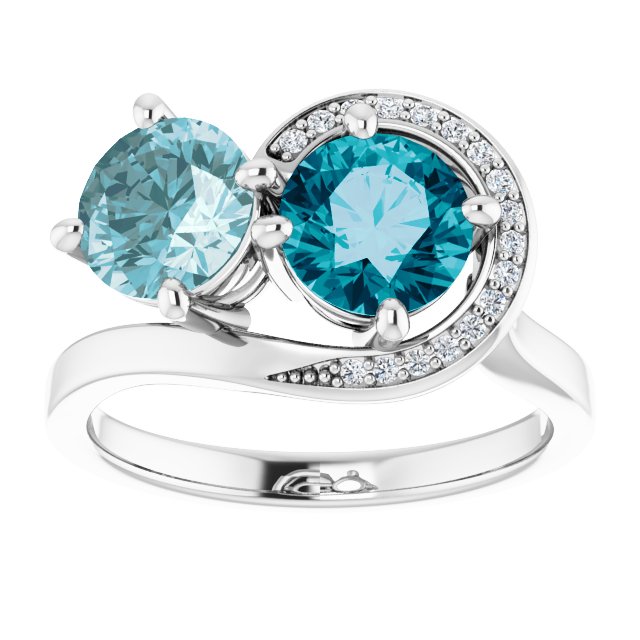 14K Gold Round Natural London Blue Topaz & Natural Sky Blue Topaz & Natural Diamond Two-Stone Ring - view 3