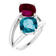 14K Gold Cushion Natural London Blue Topaz & Natural Rhodolite Garnet Two-Stone Ring - White Gold