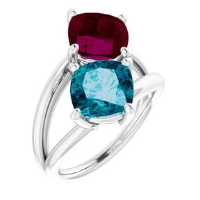Platinum Cushion Natural London Blue Topaz & Natural Rhodolite Garnet Two-Stone Ring