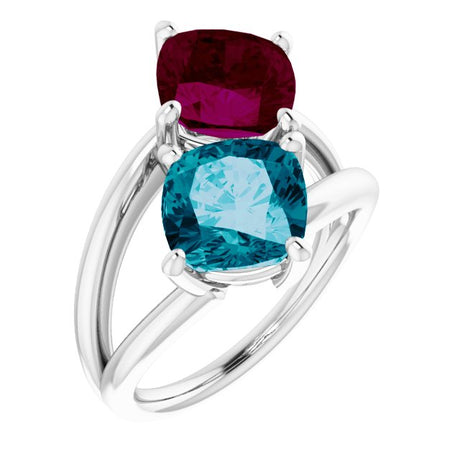 Platinum Cushion Natural London Blue Topaz & Natural Rhodolite Garnet Two-Stone Ring
