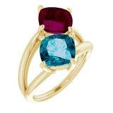 14K Gold Cushion Natural London Blue Topaz & Natural Rhodolite Garnet Two-Stone Ring - Yellow Gold
