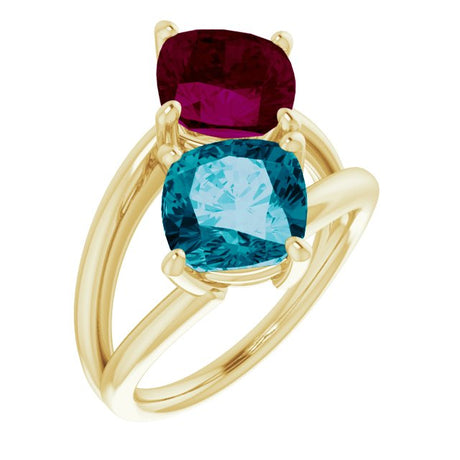 14K Gold Cushion Natural London Blue Topaz & Natural Rhodolite Garnet Two-Stone Ring - Yellow Gold