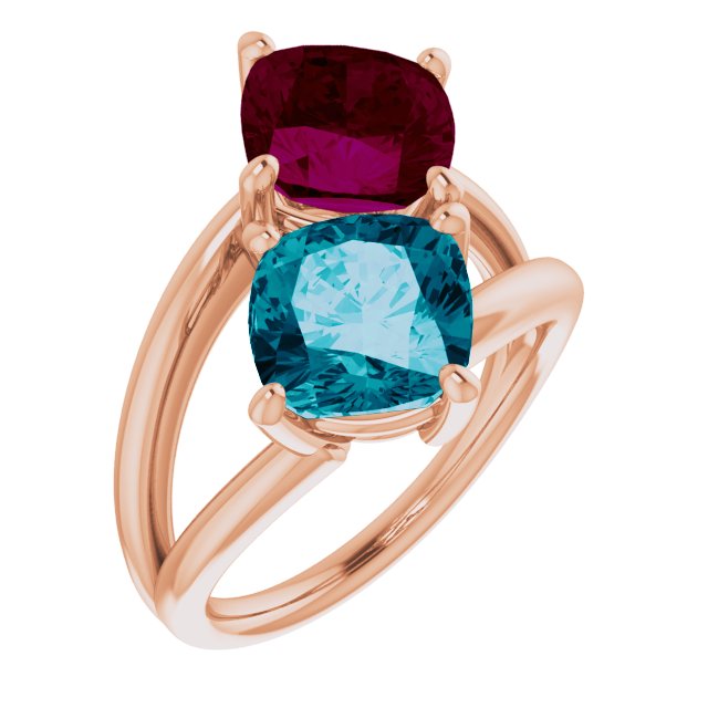 14K Gold Cushion Natural London Blue Topaz & Natural Rhodolite Garnet Two-Stone Ring - Rose Gold